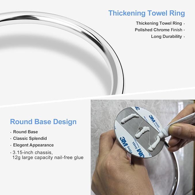 No Drilling 3M Self Adhesive Towel Ring with Extra Strong Nail-Free Glue, Stainless Steel Towel Holder, Bathroom and Kitchen Towel Rack (Chrome)