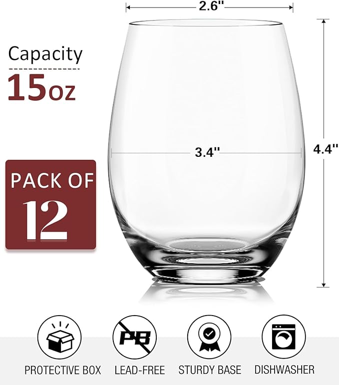 OJA Stemless Wine Glasses Set of 12, 15oz Crystal Red White Wine Glasses, No Stem, Clear, Sturdy Drinking Glass for Daily Use, Birthday, Wedding, Home Party, Anniversary, Shower Gift