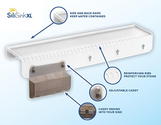 SiliSink XL Silicone Sink Edge Guard for Kitchen Sink - Fits 3.75” - 4” Wide - The Original Stone Protector with Sponge Caddy - Splash Guard, 20” Frosted Matte