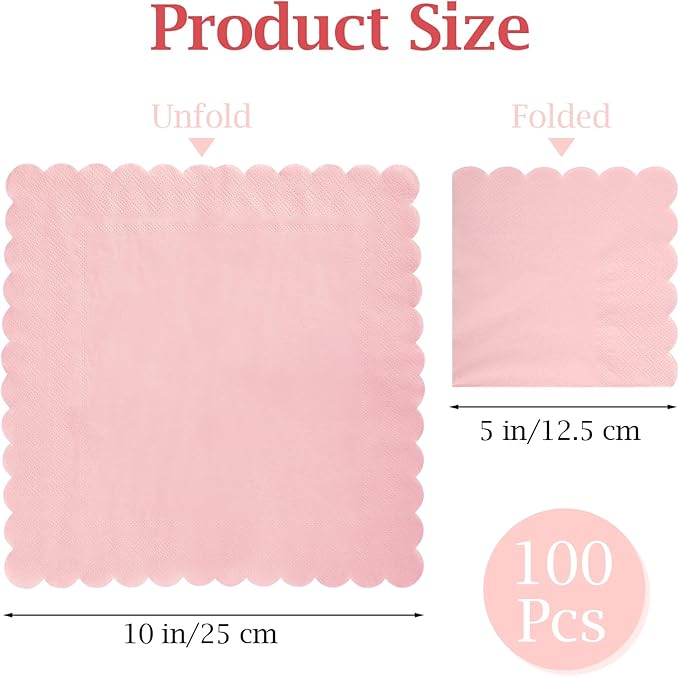 100 Pcs Cocktail Napkins, 2-Ply 5 x 5 Inches Disposable Scalloped Napkins, Thick Premium Dessert Napkins for Party, Wedding, Dinner, Birthday, Anniversary, Festival (Pink)