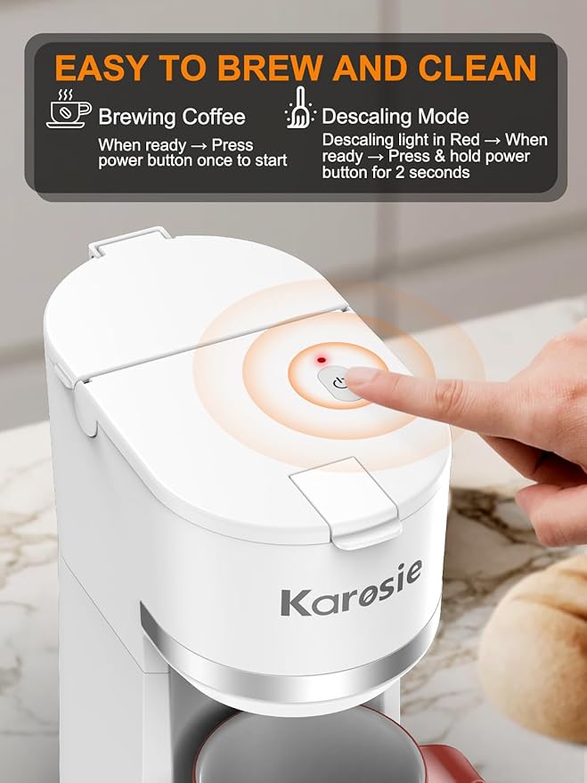 Single Serve Coffee Maker for K-Cup and Grounds, Fast Brew, 6-12 oz Brew Sizes Single Cup Coffee Maker Fits 5.5" Mugs, One-Button Small Coffee Maker, Descaling Reminder,White,9.45 Inches