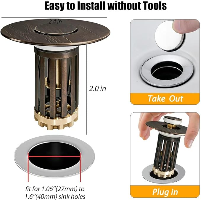 3 in 1 Pop Up Bathroom Sink Stopper, Bathroom Sink Drain Strainer, with Removable Basket Hair Catcher, Universal Sink Plug Cover for 1.06 in to 1.6 in Drain, Oil Rubbed Bronze