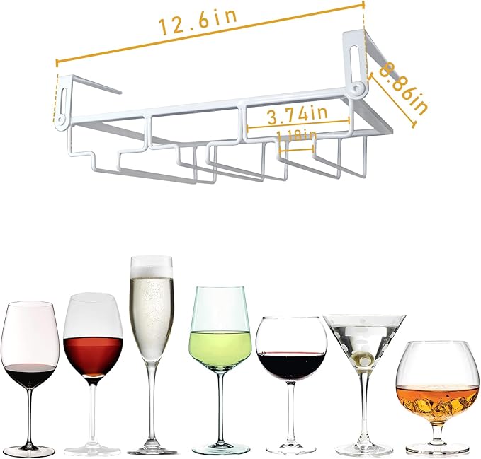 Adjustable Under Cabinet Stemware Holder - Metal Wine Glass Hanger Organizer for Kitchen, Bar, Shelf - Rustproof Hanging Storage Rack for 6-8 Glasses - Space Saving Decor (White, 3 Rows)