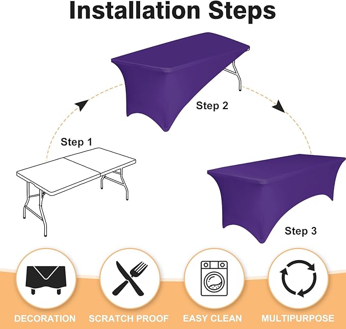 2 Pack 6 Feet Purple Spandex Tablecloth for Rectangular Tables, Fitted & Stretch, Washable, Wrinkle Resistant, Perfect for Event, Wedding, Party, Banquet, Cocktail, Festival, and Table Protector