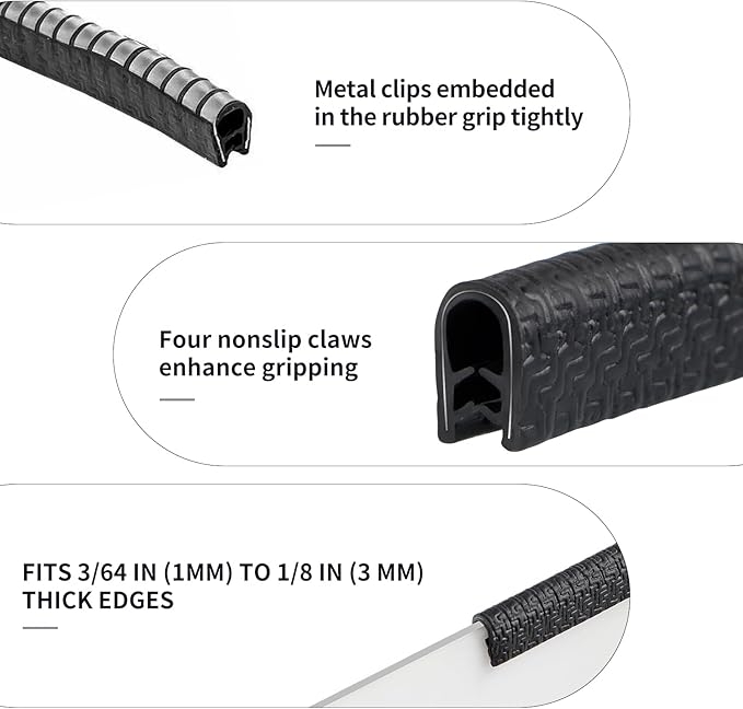 Rubber Edge Trim Guard 32.8ft/10m, Adhesive Free Door Edge Protector, U Shape Edge Seal Strip with Embedded Metal Clips Fits 3/64" to 1/8" Thick Edges (Black)