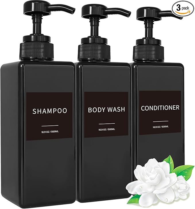 Shampoo and Conditioner Dispenser, Refillable Plastic Shampoo Pump Bottles with Waterproof Labels, Empty Body Wash Dispenser Set for Bathroom, Shower Soap Bottles (Black, Set of 3, 16.9oz)