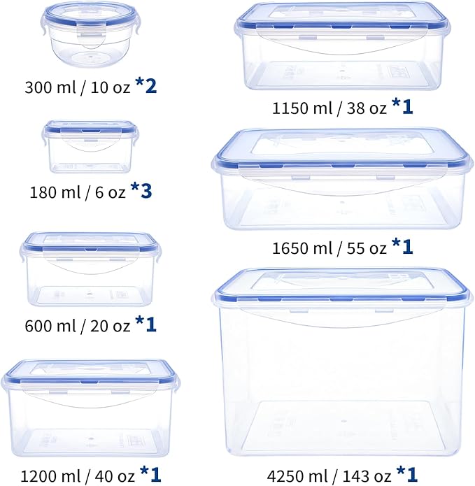 KIGI Food Storage Containers Set, Assorted Size Variety Pack, Airtight Leak Proof Lids, Stackable BPA-Free Multi-Use for Meal Prep, Leftovers, Kitchen & Fridge Freezer Organization, 20 Piece Set