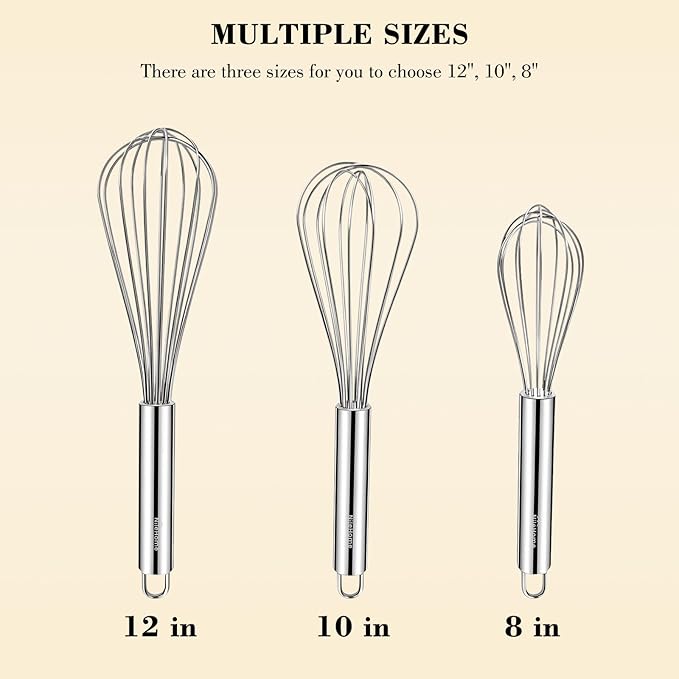 NileHome Stainless Steel Whisk Set 8" 10" 12" Kitchen Whisk Balloon Whisk Kitchen Wisk Wire Whisks for Cooking, Whisking, Blending, Beating, Stirring-3 Pack…