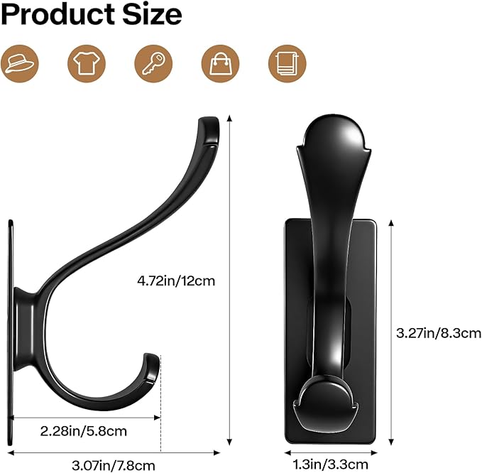 Adhesive Coat Hooks Coat Rack Wall Mount Heavy Duty Stainless Wall Hook for Towel Backpack Hat Sturdy Metal Hanger for Bathroom Bedroom Door 4 Pack Matt Black