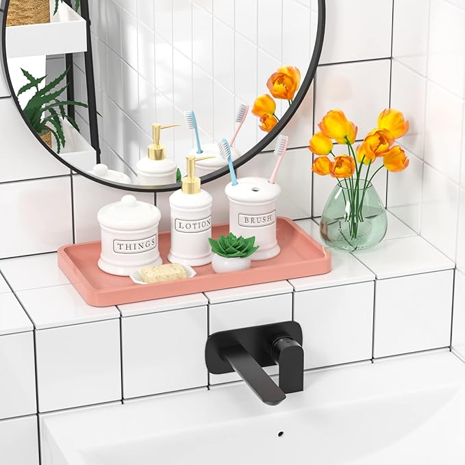 Bathroom Vanity Tray for Countertop - Bamboo Organizer Tray for Dresser Tops, Toilet, Perfume Small Decorative Tray Wood Tray for Home Decoration 11.81” L x 6.1” W x 0.79” H (Pink)