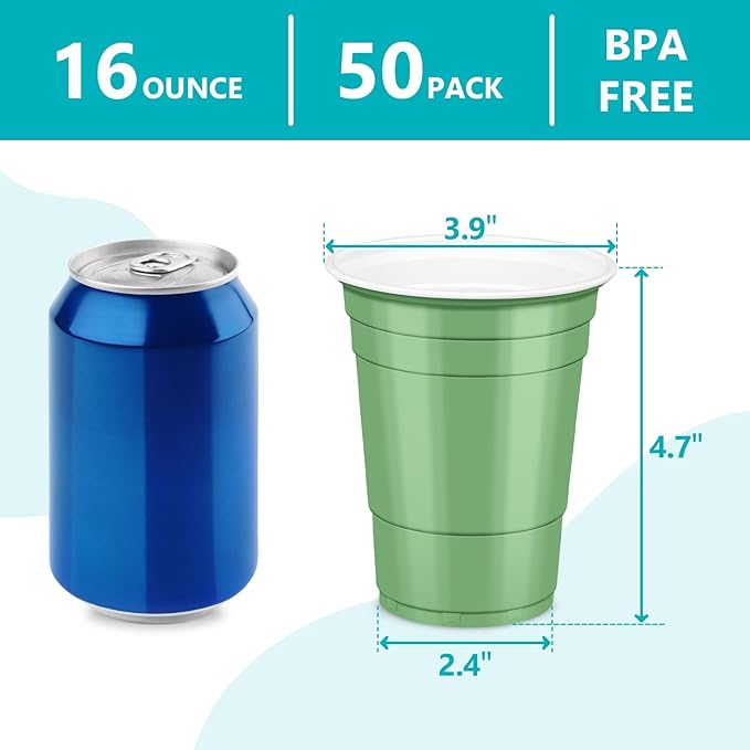 LANLISA 50 Sage Green Plastic Cups, 16 oz Disposable Cups, Drinking Cups For Birthday Party, Baby Shower, Easter Party