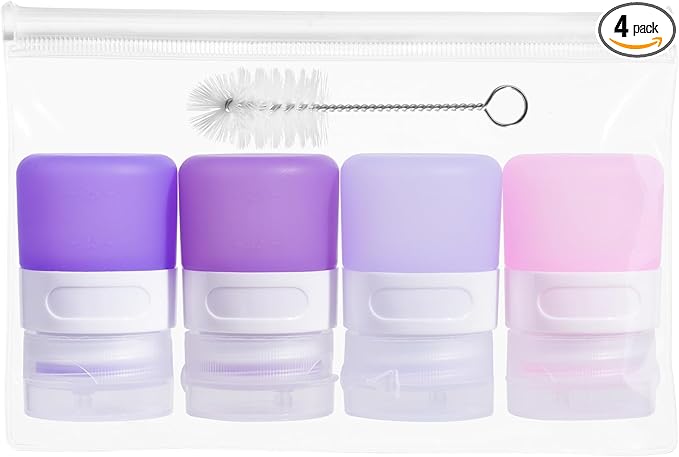 MICEBAY Condiment Squeeze Bottles for Sauces, 1-oz Mini Silicone Salad Dressing Container to Go with Snack Storage Bag, Leakproof Sauce Bottles for Lunch Box, 4 Pack, Purple
