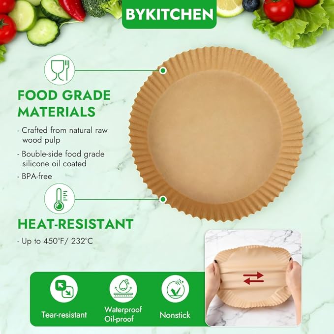 BYKITCHEN 300PCS Small Disposable Air Fryer Liners for 2 to 5QT Airfryer, Round Air Fryer Parchment Paper Liners, Compatible with Ninja AF101 4 QT, CHEFMAN 2 QT, Cosori 2.1QT, Dash 2.6 Quart & More