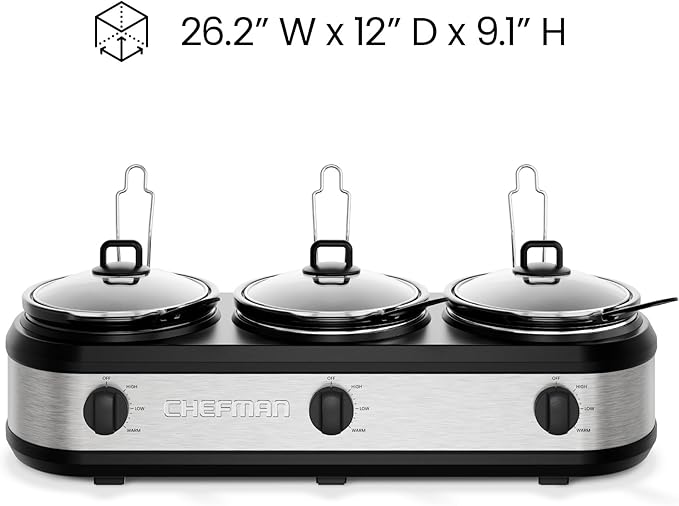 Chefman Triple Slow Cooker & Food Warmer, Three Crock Slowcooker with 2.5 Qt. Ceramic Crocks, 7.5-Quart Total Capacity, PFAS-Free, Three Temperature Settings, Dishwasher-Safe Parts – Stainless Steel