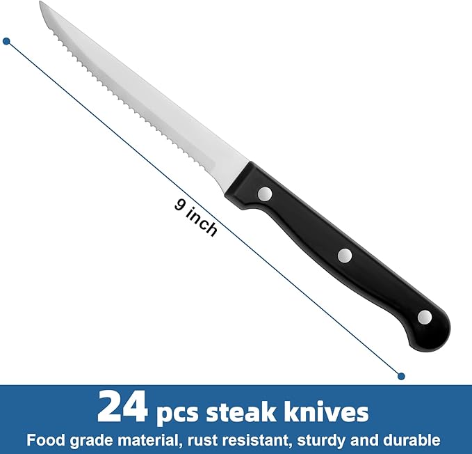 Steak Knives Set of 24, Sharp Triple Rivet Steak Knife Sets, High-Carbon Stainless Steel Serrated Blades, Ergonomic Handles Serrated Steak Knives, Dinner Knife for Kitchen Restaurant, Dishwasher Safe