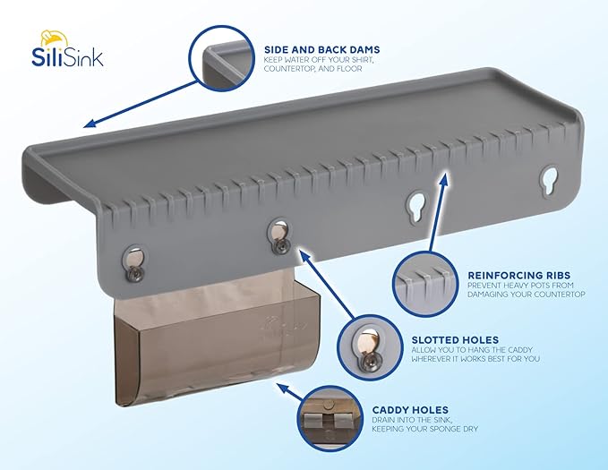 SiliSink Silicone Sink Edge Guard for Kitchen Sink - Fits 3.75” - 4” Wide - The Original Silicone Edge Protector with Sponge Caddy, 14” Gray