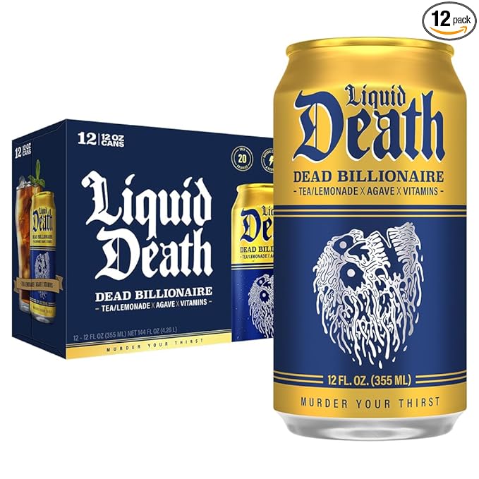 Liquid Death Iced Tea - Dead Billionaire (Black Tea/Lemonade), Less Sugar*, Boost of Caffeine, B Vitamins, No Artificial Sweeteners, 12 Fl Oz (Pack of 12)