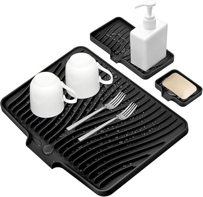 Silicone Dish Drying Mat for Kitchen Counter, Dish Drying Pad, Non-Slip Drain Pad with Built-in Drain, Heat Resistant Stone Drying Mat,BLack-1Set-XL