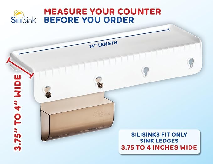 SiliSink Silicone Sink Edge Guard for Kitchen Sink - Fits 3.75” - 4” Wide - The Original Silicone Edge Protector with Sponge Caddy, 14” White