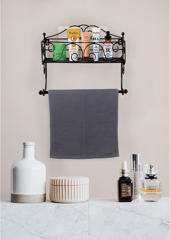 Adhesive Paper Towel Holder with Shelf, Wall Mount, 12in Black for Kitchen, Hand Towel Holder for Bathroom with Shelf