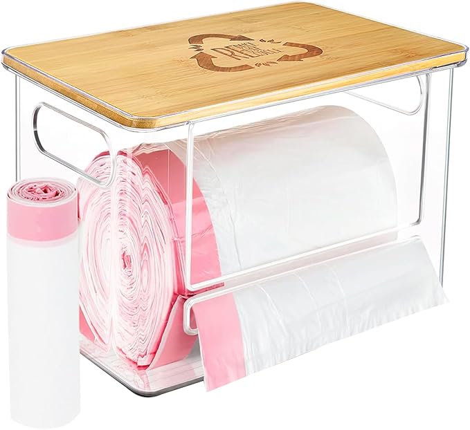 Extra Large Bag Dispenser, Trash Bag Dispenser in Plastic Material and Bamboo Lid, Kitchen Organizer, Bags Roll Included, Beautiful and Decorative.