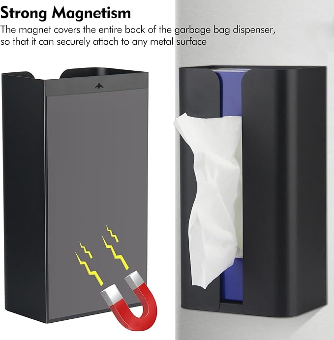 Magnetic Laundry Dryer Sheet Dispenser, Tissue Holder, Garbage Bag Dispenser for Fridge, Kitchen, Laundry (Black)