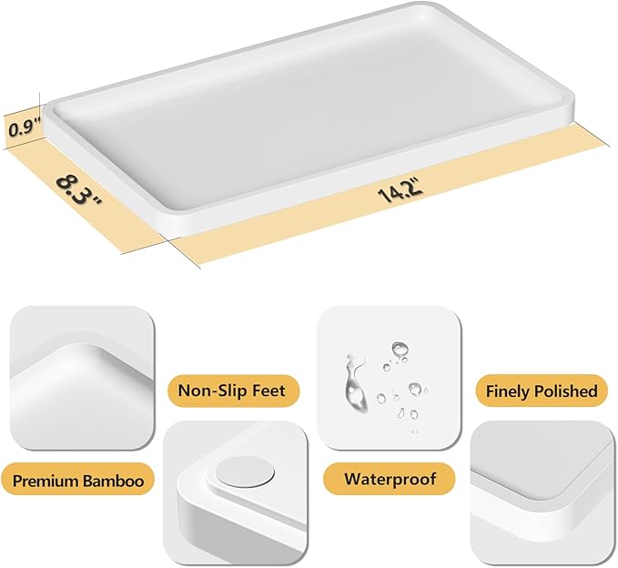 Weenson Bathroom Vanity Tray for Countertop Decor Perfume Makeup Toiletries Toilet Tank, Large Bamboo Kitchen Tray for Spice Salt, Serving Tray for Food Coffee, Nightstand Candle White 14.2”x8.3”