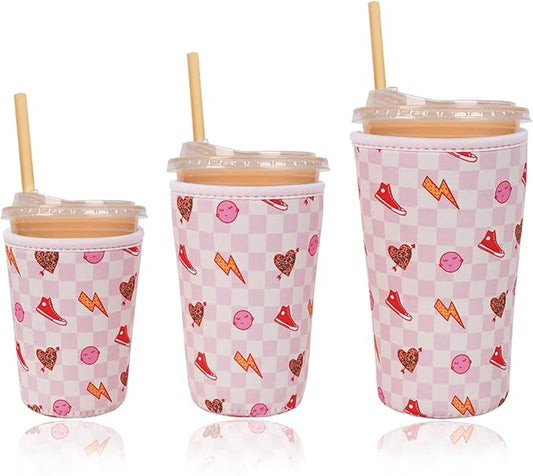 Reusable Insulated Neoprene Iced Coffee Cup Sleeve, Durable Drink Sleeve for Cold Beverages, Beverage Holder for Iced Coffee, Preppy Pink