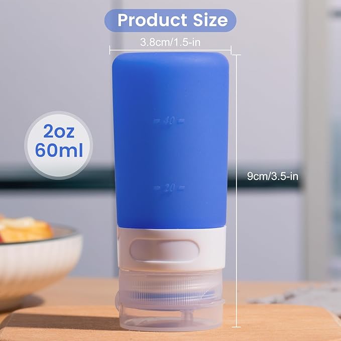 MICEBAY Condiment Squeeze Bottles for Sauces, 2-oz Mini Silicone Salad Dressing Container to Go with Snack Storage Bag, Leakproof Sauce Bottles for Lunch Box, 4 Pack, Blue