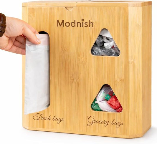 Bamboo Trash Bag Holder 2-in-1 | Trash Bag Dispenser Grocery Bag Organizer | 100% Natural Bamboo Wall Mount Countertop Holder | Trash Bag Organizer Space-Saving Eco-Friendly Storage Solution