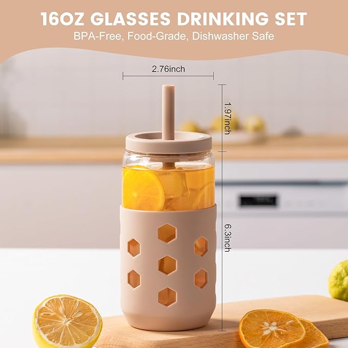 Mrsdry Glass Cups with Lids and Straws (4 Pack), 16oz Drinking Glasses Set with Silicone Sleeves for Coffee Bar Accessories Iced Coffee Cups with Lids, Glass Tumbler Reusable for Gifts