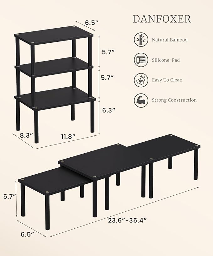 Cabinet Organizer Shelf(Set of 3),Bamboo Kitchen Counter Shelves for Countertop and Cabinet,Stackable Shelf Spice Racks,Medium (Black)