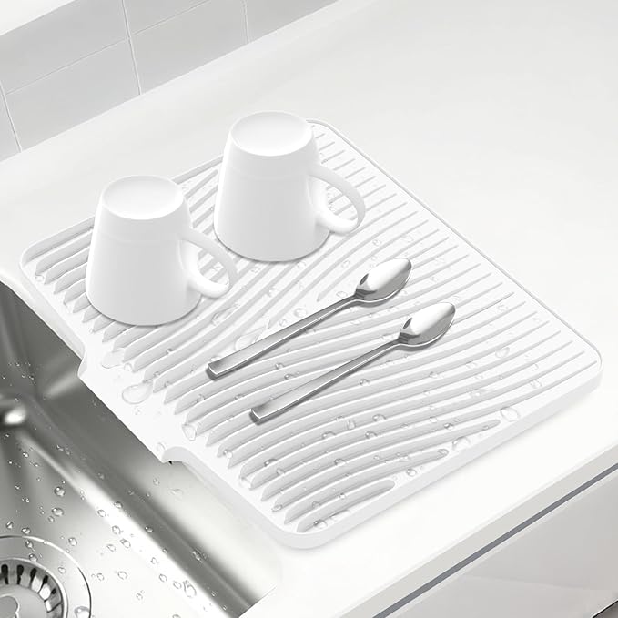 Silicone Dish Drying Mat for Kitchen Counter, Non-Slip Drain Pad, Dish Drying Pad, Easy to Clean Dish Rack Pad, Multi-Use as Heat Resistant Trivet, 19.7" x 17" , Ivory