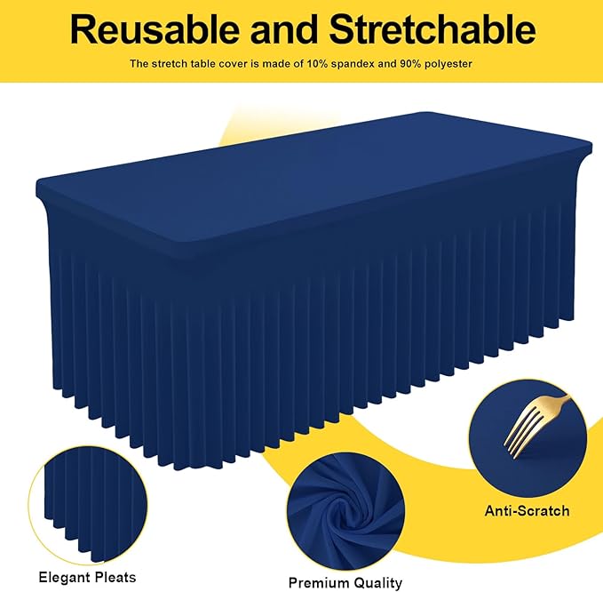 Smiry Spandex Tablecloth 2 Pack, Elastic Fitted Stretch Tablecloth for 8FT Rectangle Tables, Waterproof Washable Table Cover Skirt for Outdoor, Wedding, Banquet & Parties (Navy, 96Lx30Wx30H Inch)