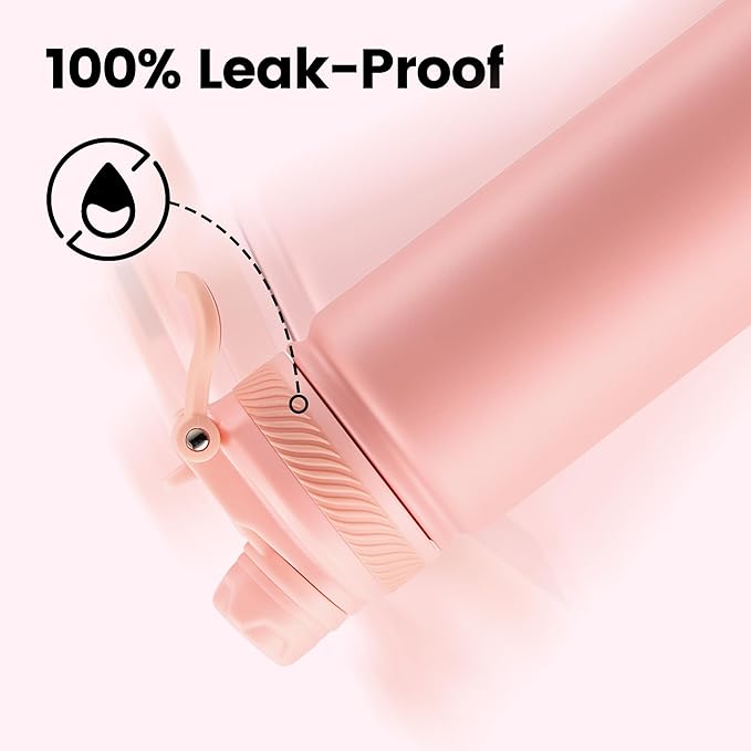 Fijinhom 24 oz Insulated Water Bottle, 2-in-1 Straw and Spout Lid Stainless Steel Thermos, Leak-Proof, Double Wall Vacuum Flask, Keep Cold 24H for Outdoor, Sports, Travel, School (Pink)