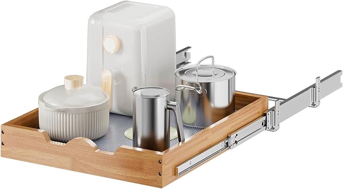 OCG 1 Tier Pull Out Cabinet Organizer (17" W x 21" D), Heavy-Duty Slide out Wood Drawer Shelf, Pull Out Drawer for Cabinets, Base Cabinet Organization for Kitchen, Pantry, Bathroom