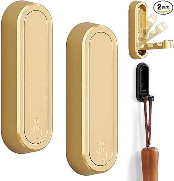 Gold Hooks for Wall Folding Coat Hook Folding Wall Hooks Up to 55 lbs Heavy Duty Space-Saving Easy Installation Metal Foldable Hook Wall Mount for Hanging Coats, Hats, Keys, Bags (2PCS - Gold)