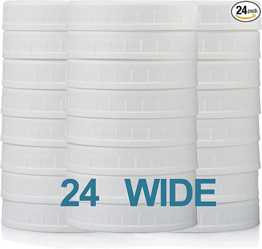 AOZITA 24 PACK, WIDE Mouth Mason Jar Lids for Ball, Kerr and More - White Plastic Storage Caps for Canning Jars - Leak-Proof & Anti-Scratch Resistant Surface