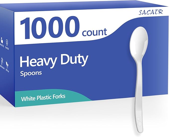 SACATR 1000 Count White Plastic Spoons Heavy Duty, Disposable Bulk Spoons, BPA-Free Heat Resistant Cutlery for Restaurant Catering Party Events