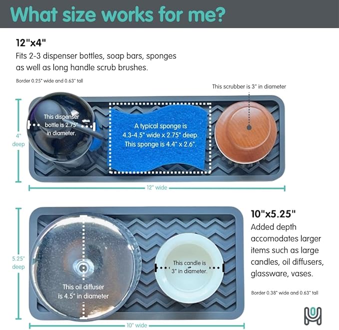 Silicone Sink Organizer Tray, Rectangular, Modern Style, Heat Safe, Dishwasher Safe, for Bathroom and Kitchen Organization (Mocha, 12"x4", Chevron Pattern)