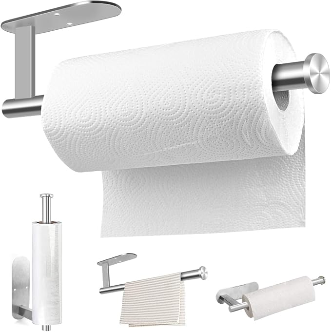 MGahyi Paper Towel Holder Wall Mount, Self Adhesive Or Drilling Paper Towel Holder Under Cabinet, 13.2 inch Stainless Steel Kitchen Paper Towel Roll Rack, Bathroom Towel Roll Hanger(Silver, Rectangle)