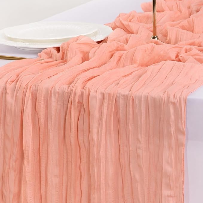 Socomi 3pcs Coral Peach Summer Cheesecloth Table Runner Boho Rustic Gauze 120 inch 10FT Cheese Cloth Sheer Runner for Wedding Party Baby Shower Birthday Home Decor Holiday Decorations
