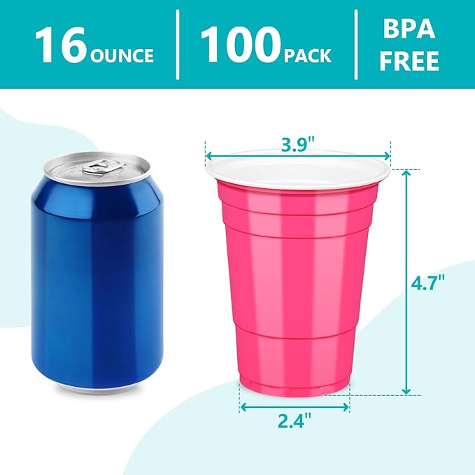 LANLISA 100 Hot Pink Plastic Cups, 16 oz Disposable Cups, Drinking Cups For Party Supplies