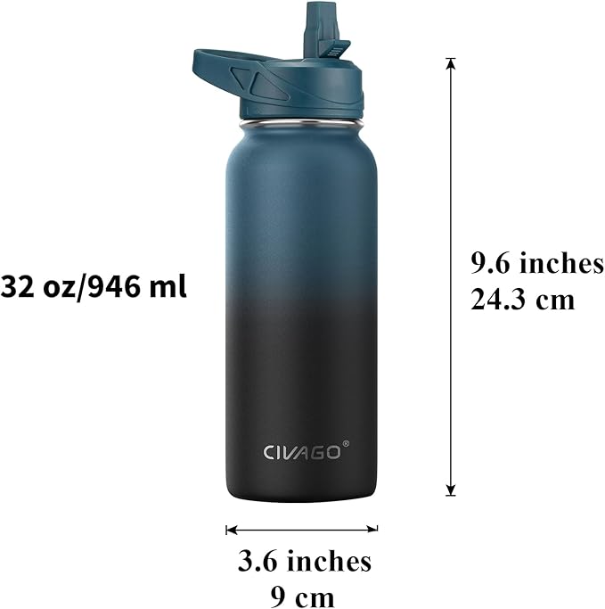 CIVAGO 32 oz Insulated Water Bottle With Straw, Stainless Steel Sports Water Cup Flask with 3 Lids (Straw, Spout and Handle Lid), Wide Mouth Travel Thermal Mug, Deep Orange