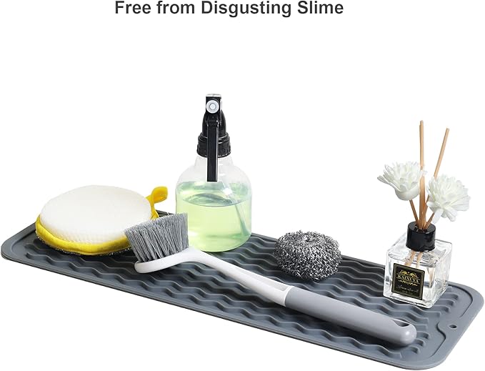 ZLR Silicone Sponge Holder & Sink Caddy Tray (6" x 17") - Narrow Dish Drying Mat for Kitchen Counter - Waterproof Soap Dispenser Organizer, Non-Slip Bathroom Vanity Tray (Dark Gray)