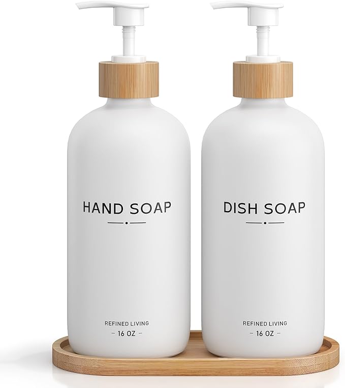 Hand and Dish Soap Dispenser Set,16oz Glass Bottles with Bamboo Pumps & Tray,Countertop Soap Dispensers for Kitchen,Luxury, Minimalist & Farmhouse Decor