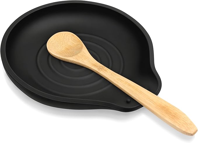 Silicone Spoon Rest for Stove Top - BPA-Free, Heat-Resistant Spoon Holder - Spoon Rest for Kitchen Counter - Large Cooking Utensil Rest for Spoons, Spatulas, Ladles or Tongs - Black