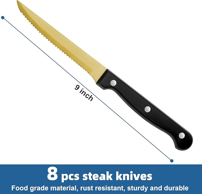 Gold Steak Knives Set of 8, Sharp Triple Rivet Steak Knife, High-Carbon Stainless Steel Serrated Blades, Ergonomic Handles Serrated Steak Knives, Dinner Knife for Kitchen Restaurant, Dishwasher Safe