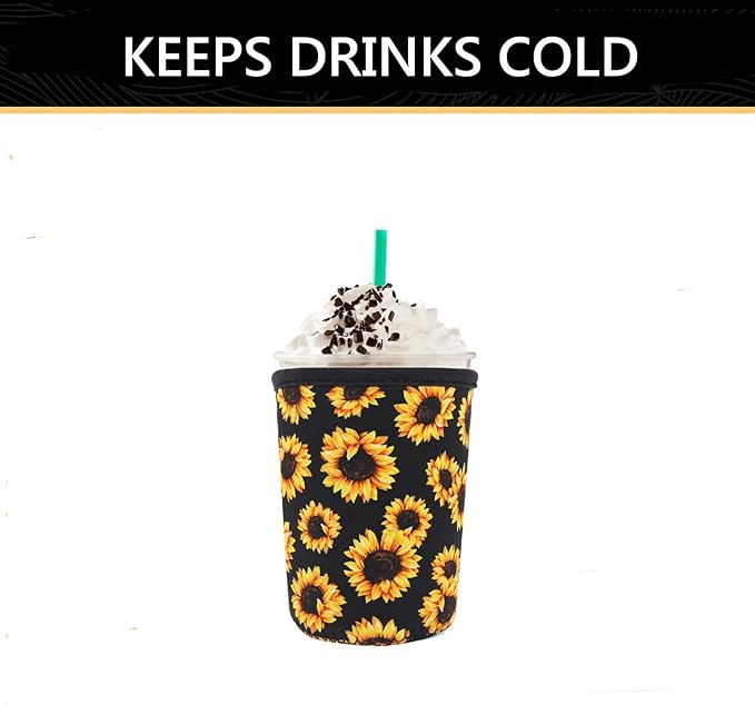YR Reusable Neoprene Insulator Sleeve for Iced Coffee Cups, 3 Pack Coffee Coolies sleeves for Iced & Hot Drinks, Cold Beverage Cooler Compatible with Starbucks Coffee and More (Sunflower)
