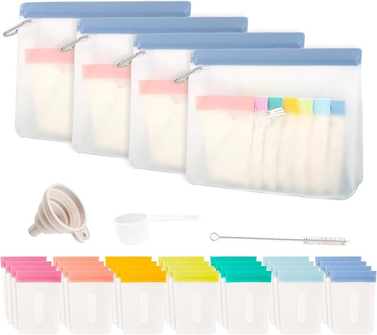 Protein Powder Travel Container Set,Reusable Powder Supplement Container To Go,28Pcs Single Dose Bags & 4Pcs Large Zip Bags,Portable Travel Containers with Funnel,Spoon